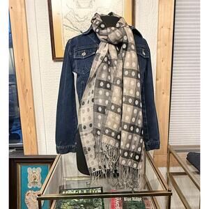 Grey & Tan Polka Dot Plaid Scarf - 76" x 27" Oversized Blanket Scarf with Fringe